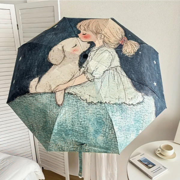 Automatic Compact Umbrella with Cute Poodle and Starry Night Design
