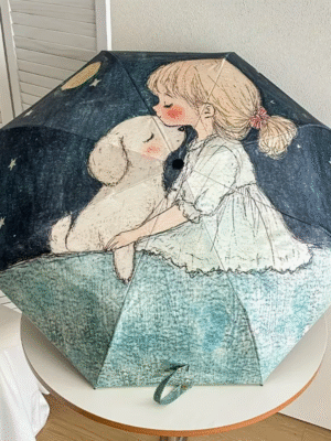 Automatic Compact Umbrella with Cute Poodle and Starry Night Design