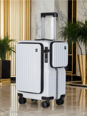 White 20 Inch Carry On Suitcase with Side Pocket